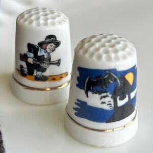 Vintage Porcelain Thimbles Halloween Bats Haunted House & Thanksgiving Pilgrim